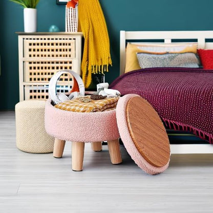 Storage Ottoman, Modern Round Footrest with Soft Padded Seat, Teddy Velvet Footstool with Wood Legs, Accent Small Table or Plant Stand for Hallway, Living Room (Pink)