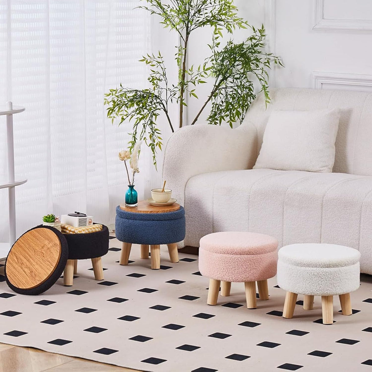 Storage Ottoman, Modern Round Footrest with Soft Padded Seat, Teddy Velvet Footstool with Wood Legs, Accent Small Table or Plant Stand for Hallway, Living Room (Pink)