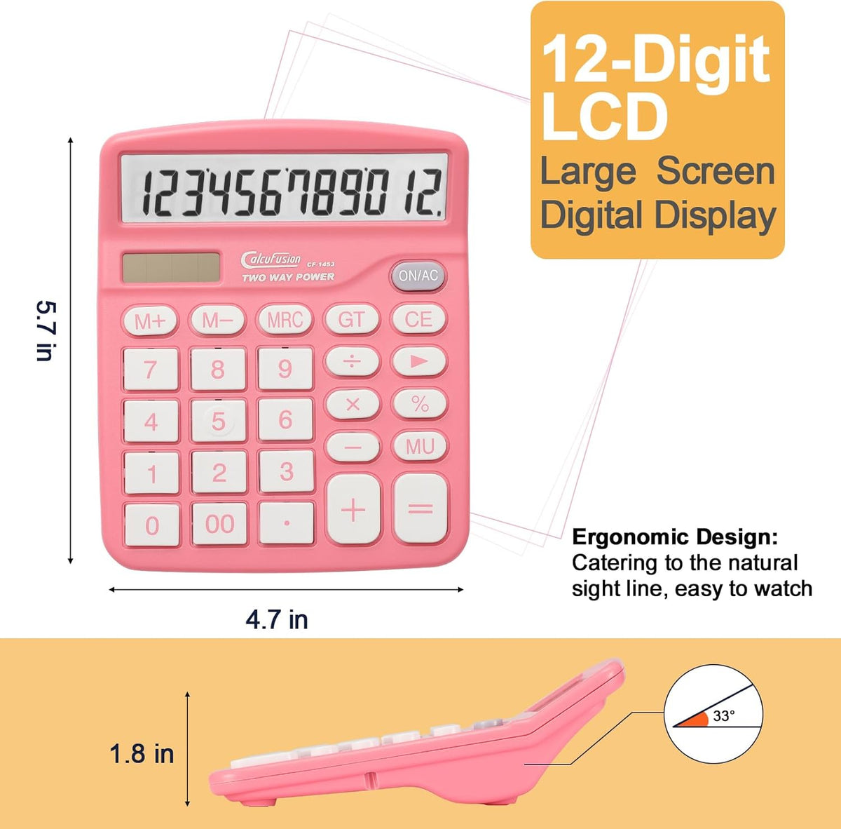 Calculator, 12 Digits Pink Desktop Calculators Large Display LCD&Big Button Dual Solar and Battery Powered Standard Functions Basic Calculator for School Office CF-1453