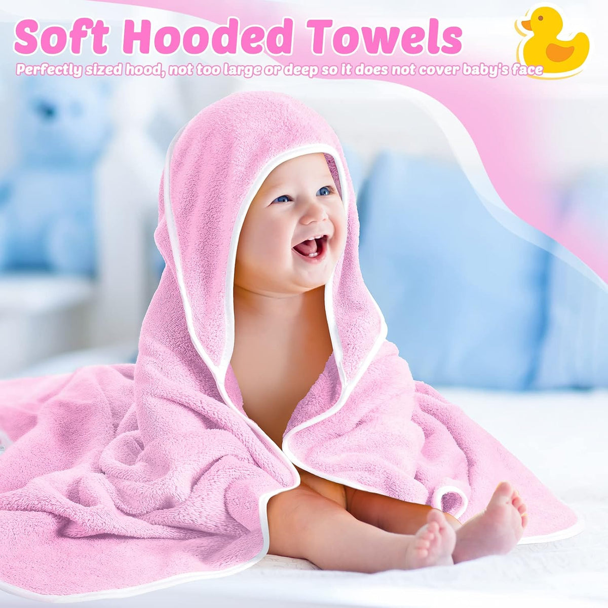 4 Pack Hooded Baby Bath Towels Coral Fleece, White Pink, Solid