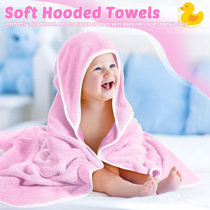 4 Pack Hooded Baby Bath Towels Coral Fleece, White Pink, Solid