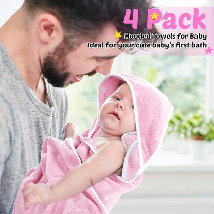 4 Pack Hooded Baby Bath Towels Coral Fleece, White Pink, Solid