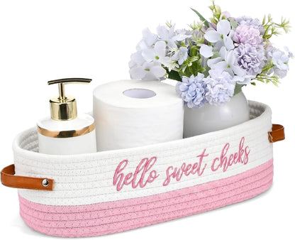 Hello Sweet Cheeks Bathroom Decoration Pink and White Cotton Rope Toilet Basket Toilet Paper Holder Basket Rustic Bathroom Organizer Farmhouse Home Decoration Organizing Small Baskets