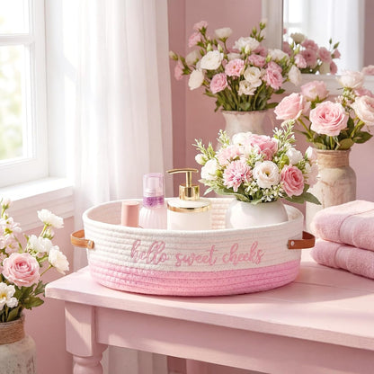 Hello Sweet Cheeks Bathroom Decoration Pink and White Cotton Rope Toilet Basket Toilet Paper Holder Basket Rustic Bathroom Organizer Farmhouse Home Decoration Organizing Small Baskets