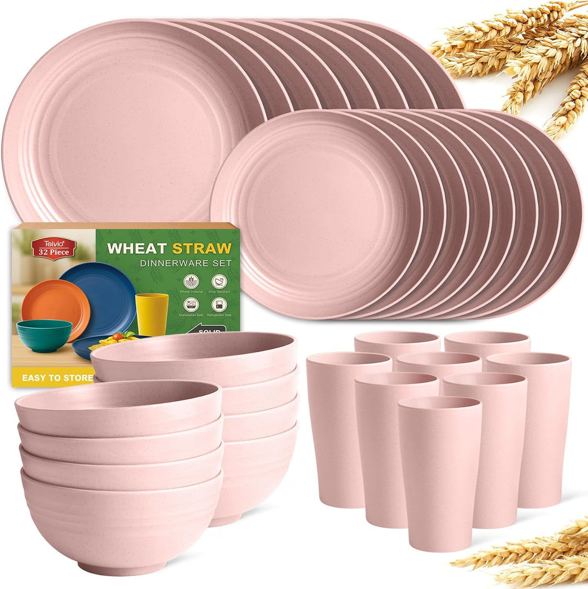 32-Piece Plates and Bowls Sets for 8, Pink Kitchen Dinnerware Sets