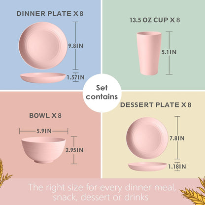 32-Piece Plates and Bowls Sets for 8, Pink Kitchen Dinnerware Sets