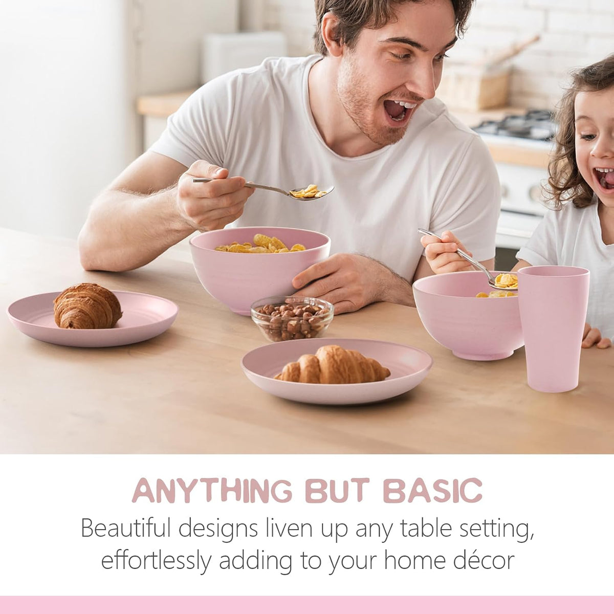 32-Piece Plates and Bowls Sets for 8, Pink Kitchen Dinnerware Sets