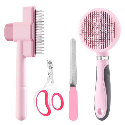 Cat Grooming Kit, 4-in-1 Cat Grooming Tools with Cats Brush, Flea Comb, Nail Clipper & Trimmer - Deshedding & Dematting for Pets Hair and Paws, Pet Shedding Set for Indoor Dogs & Cats (Pink)