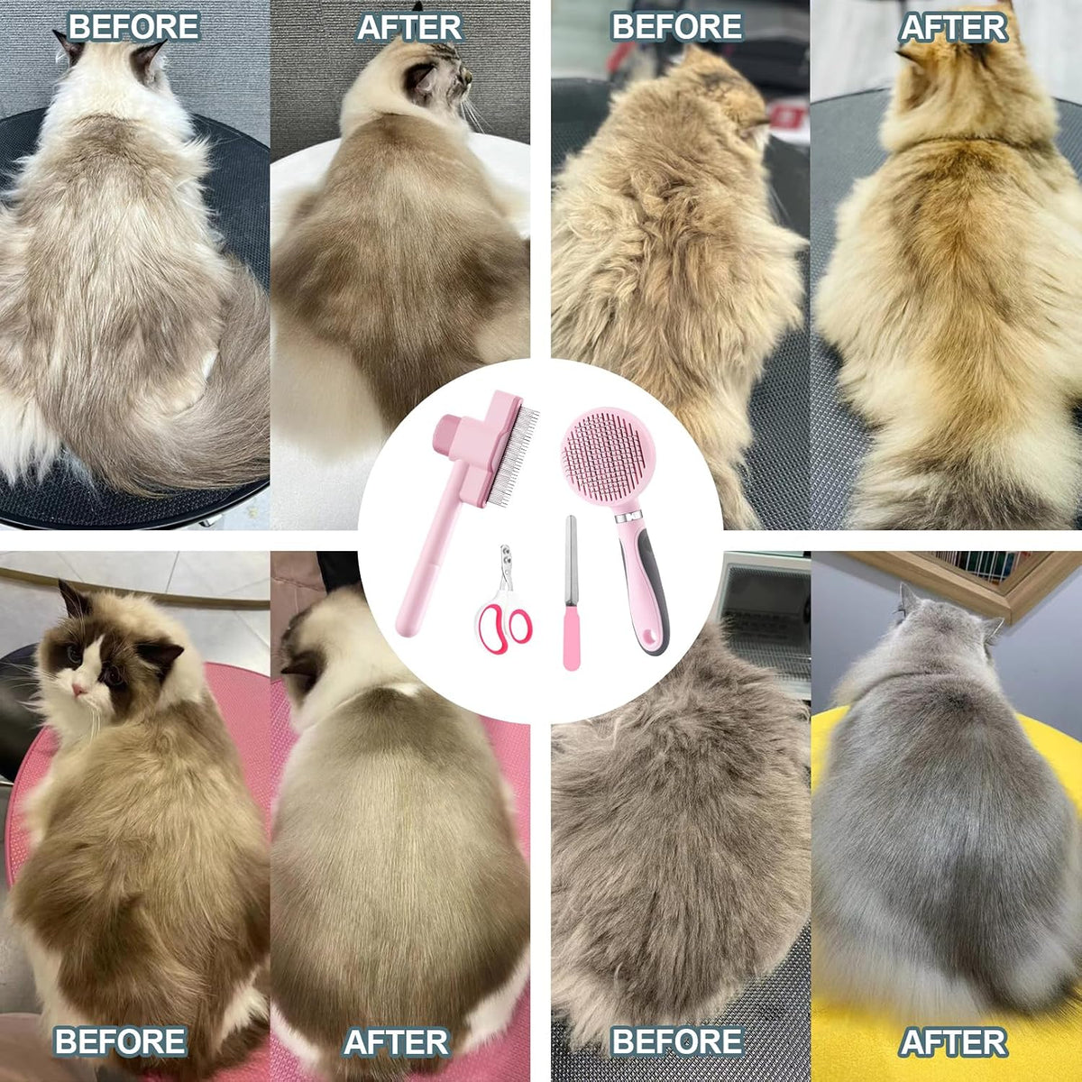 Cat Grooming Kit, 4-in-1 Cat Grooming Tools with Cats Brush, Flea Comb, Nail Clipper & Trimmer - Deshedding & Dematting for Pets Hair and Paws, Pet Shedding Set for Indoor Dogs & Cats (Pink)