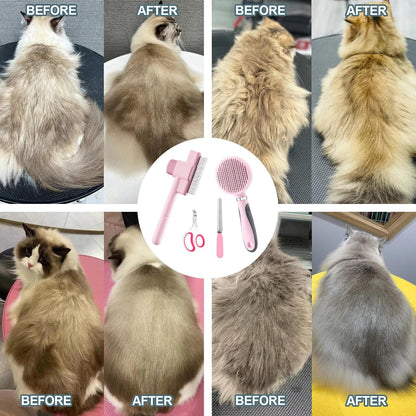 Cat Grooming Kit, 4-in-1 Cat Grooming Tools with Cats Brush, Flea Comb, Nail Clipper & Trimmer - Deshedding & Dematting for Pets Hair and Paws, Pet Shedding Set for Indoor Dogs & Cats (Pink)