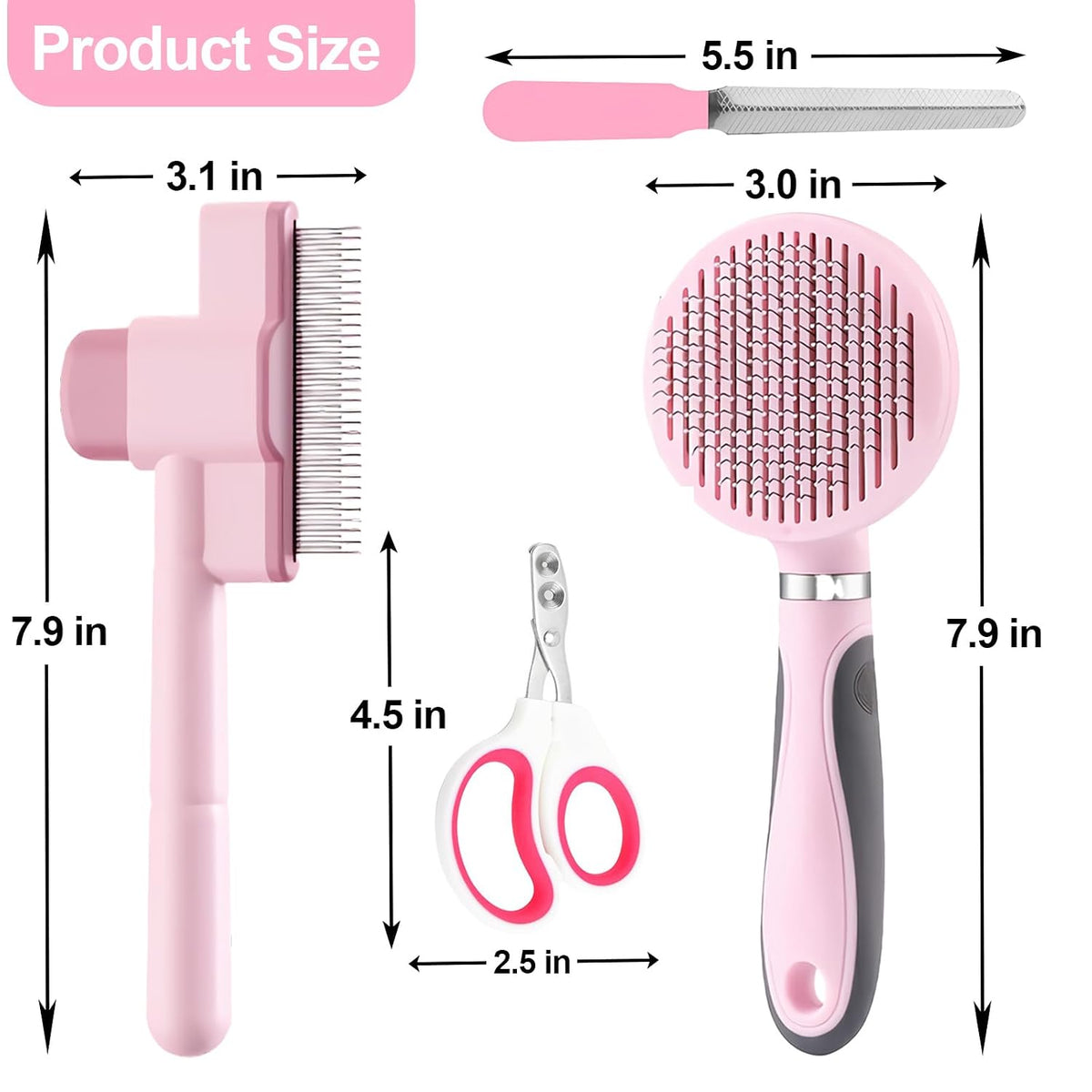 Cat Grooming Kit, 4-in-1 Cat Grooming Tools with Cats Brush, Flea Comb, Nail Clipper & Trimmer - Deshedding & Dematting for Pets Hair and Paws, Pet Shedding Set for Indoor Dogs & Cats (Pink)