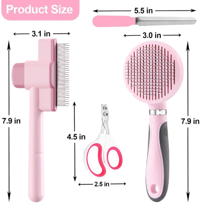 Cat Grooming Kit, 4-in-1 Cat Grooming Tools with Cats Brush, Flea Comb, Nail Clipper & Trimmer - Deshedding & Dematting for Pets Hair and Paws, Pet Shedding Set for Indoor Dogs & Cats (Pink)