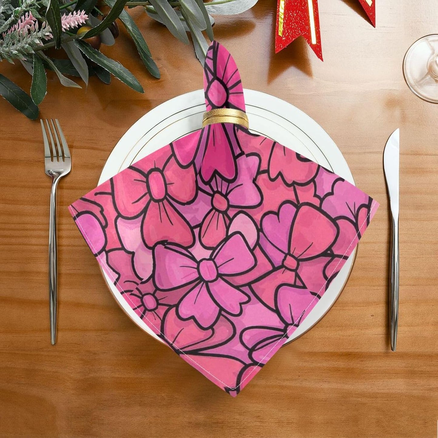 Cute Cartoon Bow Peach Dinner Table Napkins Cloth Napkins Reusable Washable Cloth Napkins Printed Kitchen Dinner Table Table Napkins Cloth Set of 6 20 x 20in