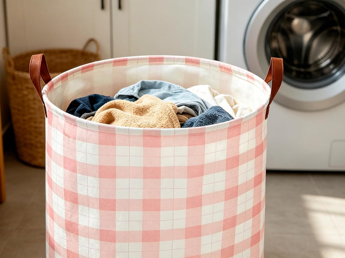 Laundry Basket, Waterproof Fabric Storage Container, Room Decor, Gift Basket(Pink Grid)