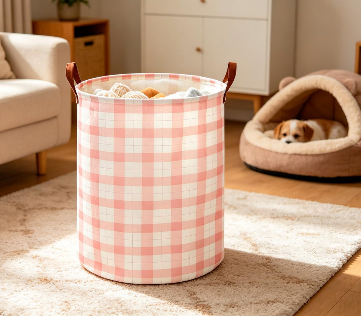 Laundry Basket, Waterproof Fabric Storage Container, Room Decor, Gift Basket(Pink Grid)