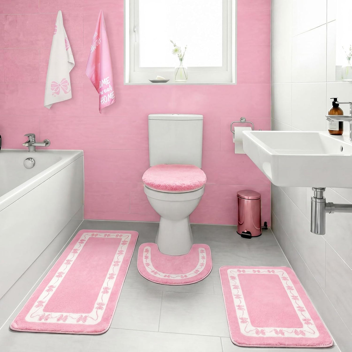 6 Pcs Pink Bow Bathroom Rugs Set