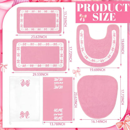 6 Pcs Pink Bow Bathroom Rugs Set