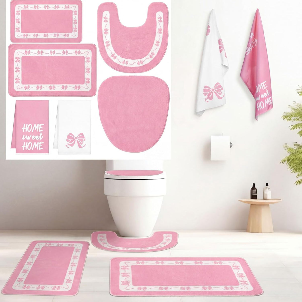 6 Pcs Pink Bow Bathroom Rugs Set