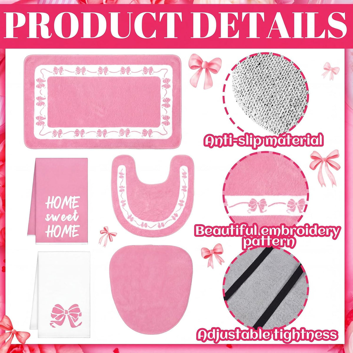6 Pcs Pink Bow Bathroom Rugs Set