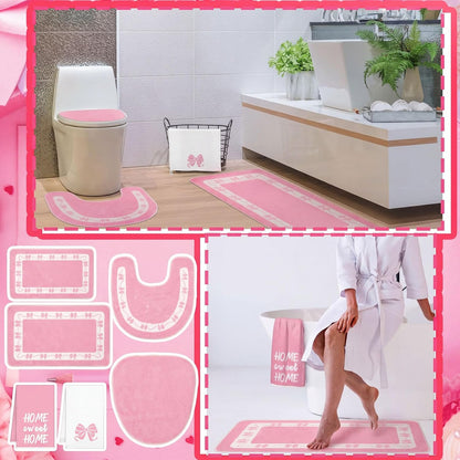 6 Pcs Pink Bow Bathroom Rugs Set