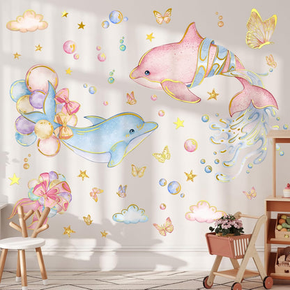 Under the Sea Dolphin Wall Stickers Cute Dolphins Bubbles Wall Decals Ocean Animal Peel and Stick Decor for Kids Room Bedroom (Pink)