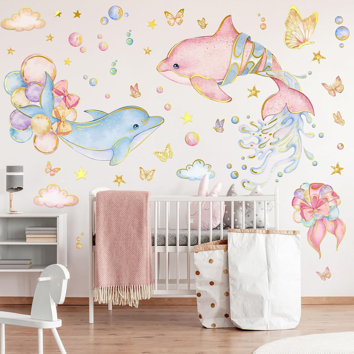 Under the Sea Dolphin Wall Stickers Cute Dolphins Bubbles Wall Decals Ocean Animal Peel and Stick Decor for Kids Room Bedroom (Pink)