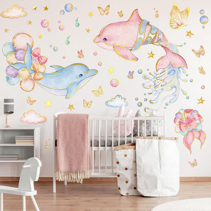 Under the Sea Dolphin Wall Stickers Cute Dolphins Bubbles Wall Decals Ocean Animal Peel and Stick Decor for Kids Room Bedroom (Pink)