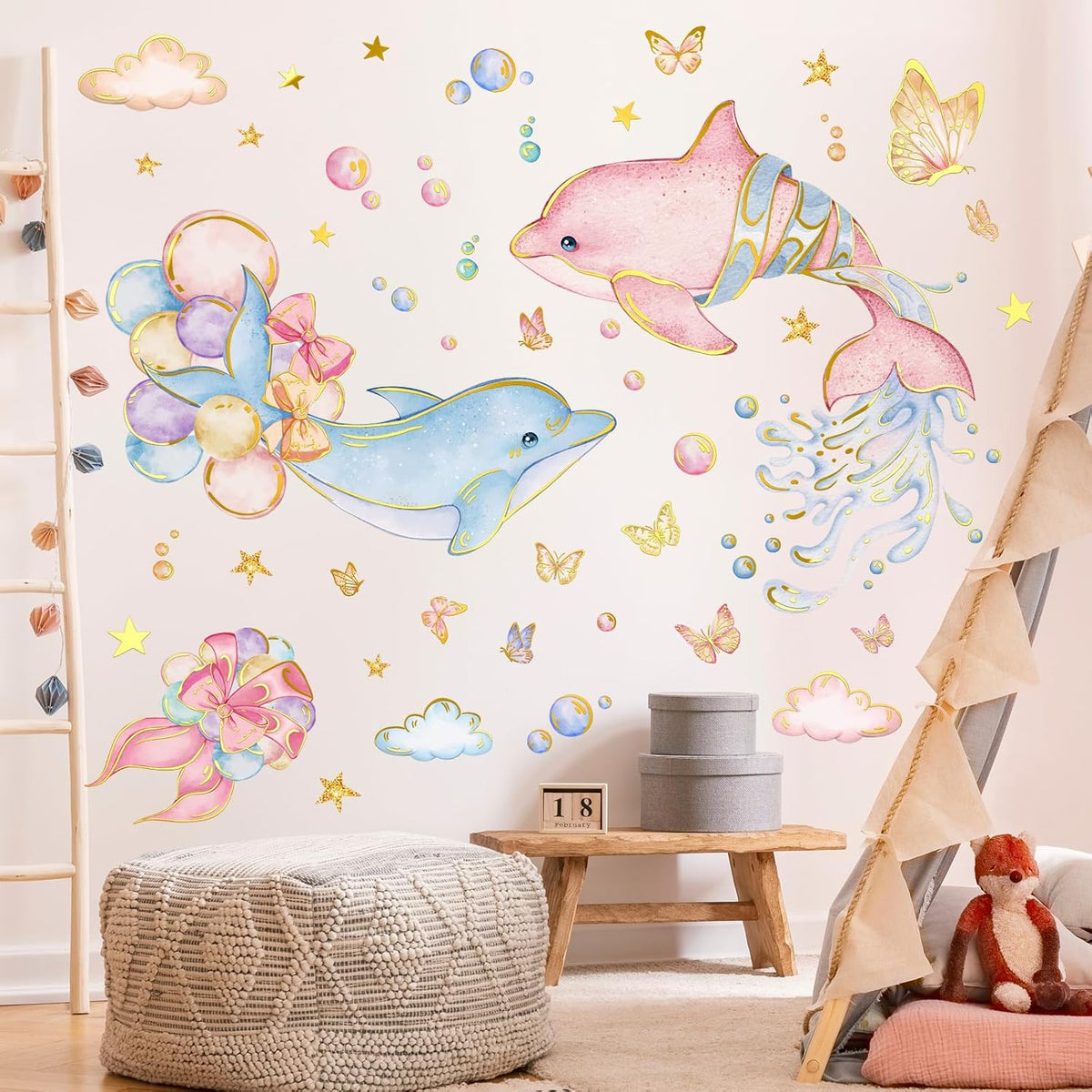 Under the Sea Dolphin Wall Stickers Cute Dolphins Bubbles Wall Decals Ocean Animal Peel and Stick Decor for Kids Room Bedroom (Pink)