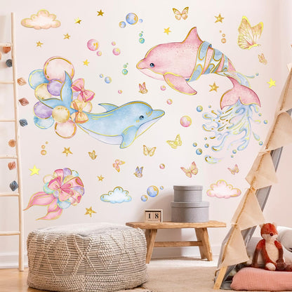 Under the Sea Dolphin Wall Stickers Cute Dolphins Bubbles Wall Decals Ocean Animal Peel and Stick Decor for Kids Room Bedroom (Pink)
