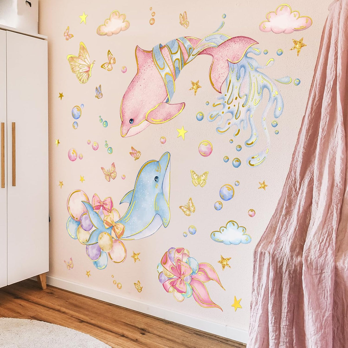 Under the Sea Dolphin Wall Stickers Cute Dolphins Bubbles Wall Decals Ocean Animal Peel and Stick Decor for Kids Room Bedroom (Pink)