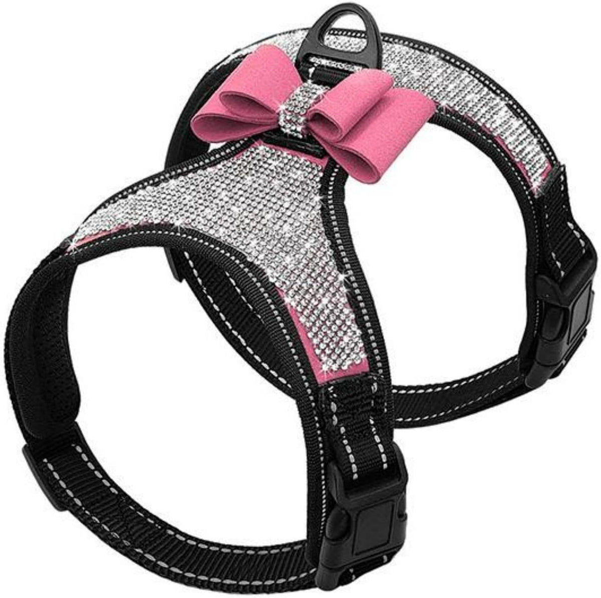 Rhinestone Dog Harness with Sparkly Bow Tie, Pink,L,Chest 21-29"