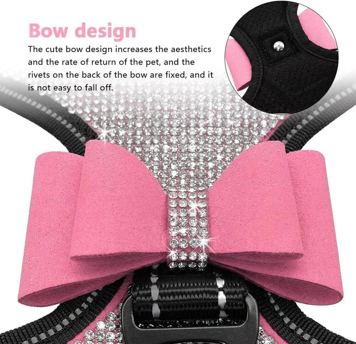 Rhinestone Dog Harness with Sparkly Bow Tie, Pink,L,Chest 21-29"