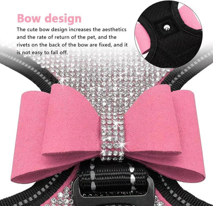Rhinestone Dog Harness with Sparkly Bow Tie, Pink,L,Chest 21-29"
