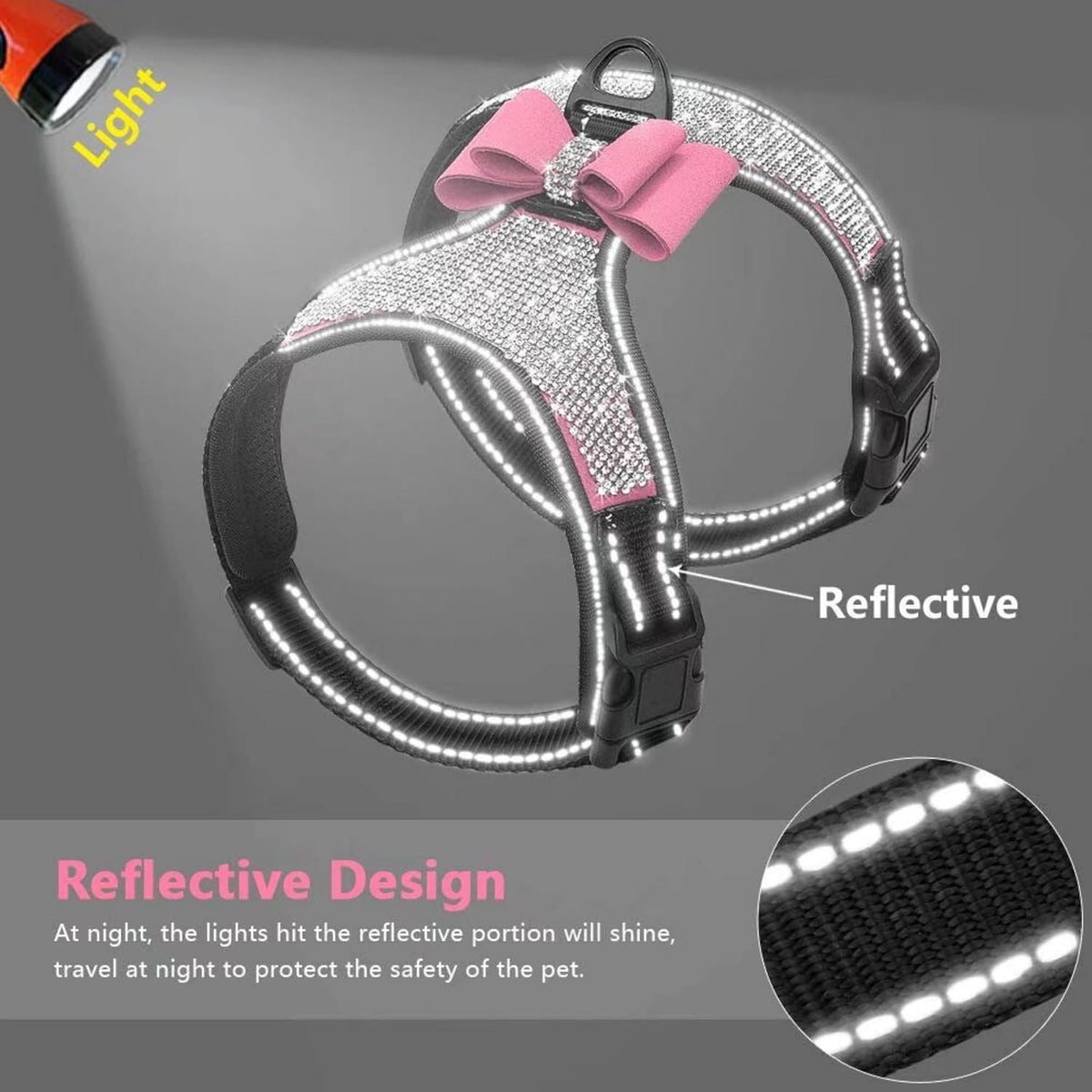 Rhinestone Dog Harness with Sparkly Bow Tie, Pink,L,Chest 21-29"