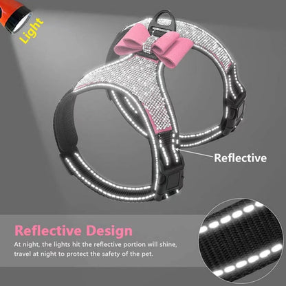 Rhinestone Dog Harness with Sparkly Bow Tie, Pink,L,Chest 21-29"