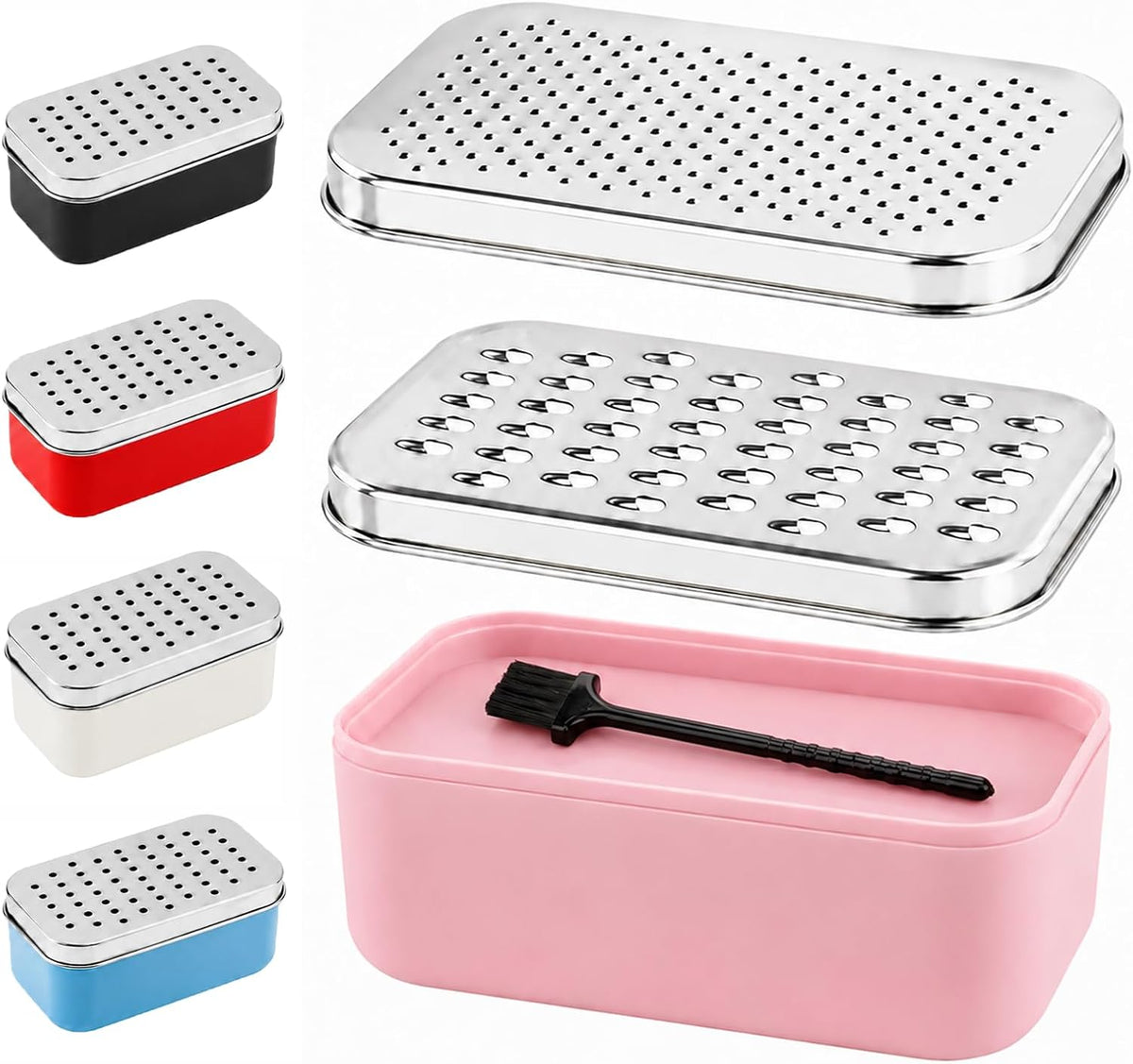 Cheese Grater with Storage Container, Box Grater Stainless Steel for Vegetables, Cheese Shredder 2 Sharp Blades for Fine & Coarse, Non-Slip Base, Lemon Zester, Includes Cleaning Brush (Pink)
