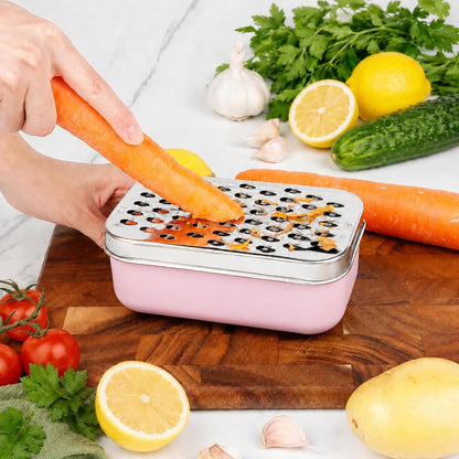 Cheese Grater with Storage Container, Box Grater Stainless Steel for Vegetables, Cheese Shredder 2 Sharp Blades for Fine & Coarse, Non-Slip Base, Lemon Zester, Includes Cleaning Brush (Pink)