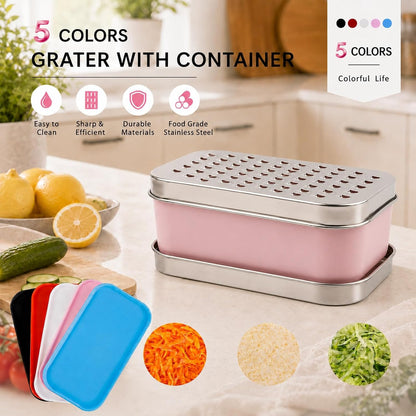 Cheese Grater with Storage Container, Box Grater Stainless Steel for Vegetables, Cheese Shredder 2 Sharp Blades for Fine & Coarse, Non-Slip Base, Lemon Zester, Includes Cleaning Brush (Pink)