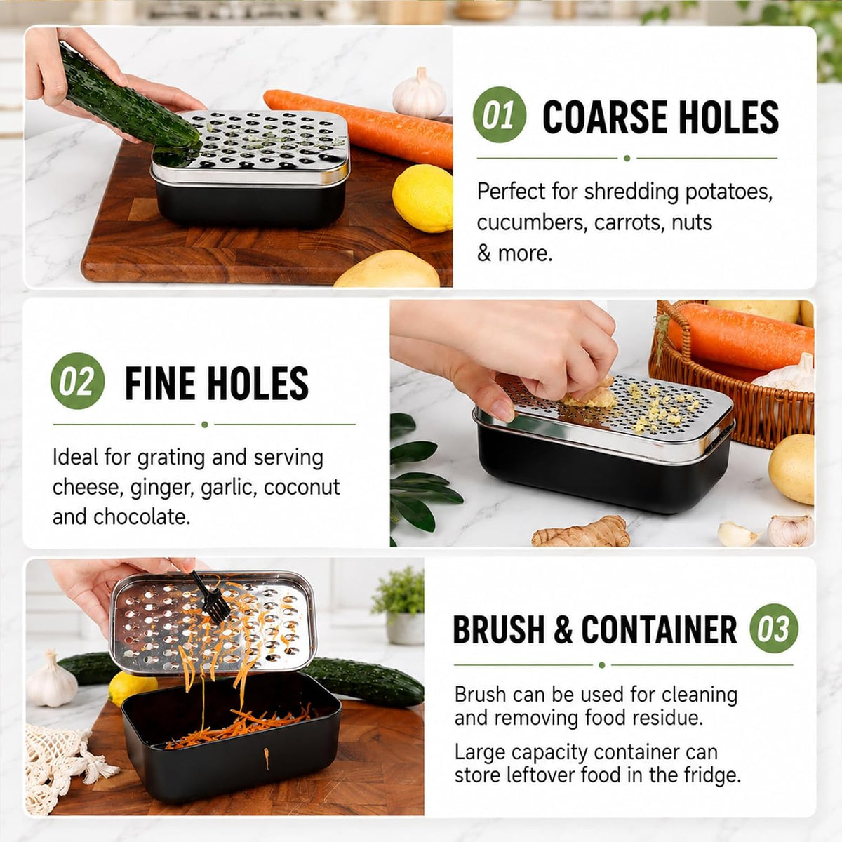 Cheese Grater with Storage Container, Box Grater Stainless Steel for Vegetables, Cheese Shredder 2 Sharp Blades for Fine & Coarse, Non-Slip Base, Lemon Zester, Includes Cleaning Brush (Pink)