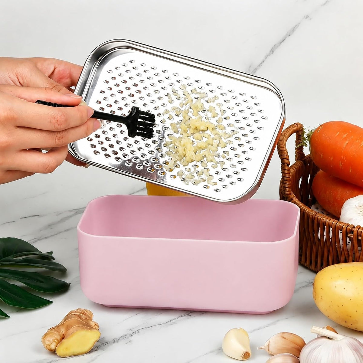 Cheese Grater with Storage Container, Box Grater Stainless Steel for Vegetables, Cheese Shredder 2 Sharp Blades for Fine & Coarse, Non-Slip Base, Lemon Zester, Includes Cleaning Brush (Pink)
