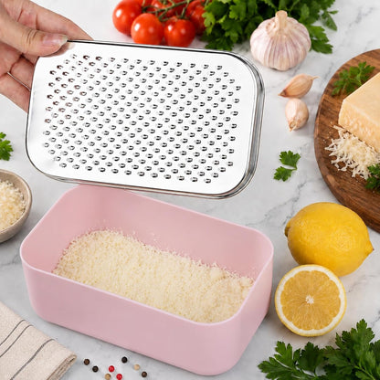 Cheese Grater with Storage Container, Box Grater Stainless Steel for Vegetables, Cheese Shredder 2 Sharp Blades for Fine & Coarse, Non-Slip Base, Lemon Zester, Includes Cleaning Brush (Pink)