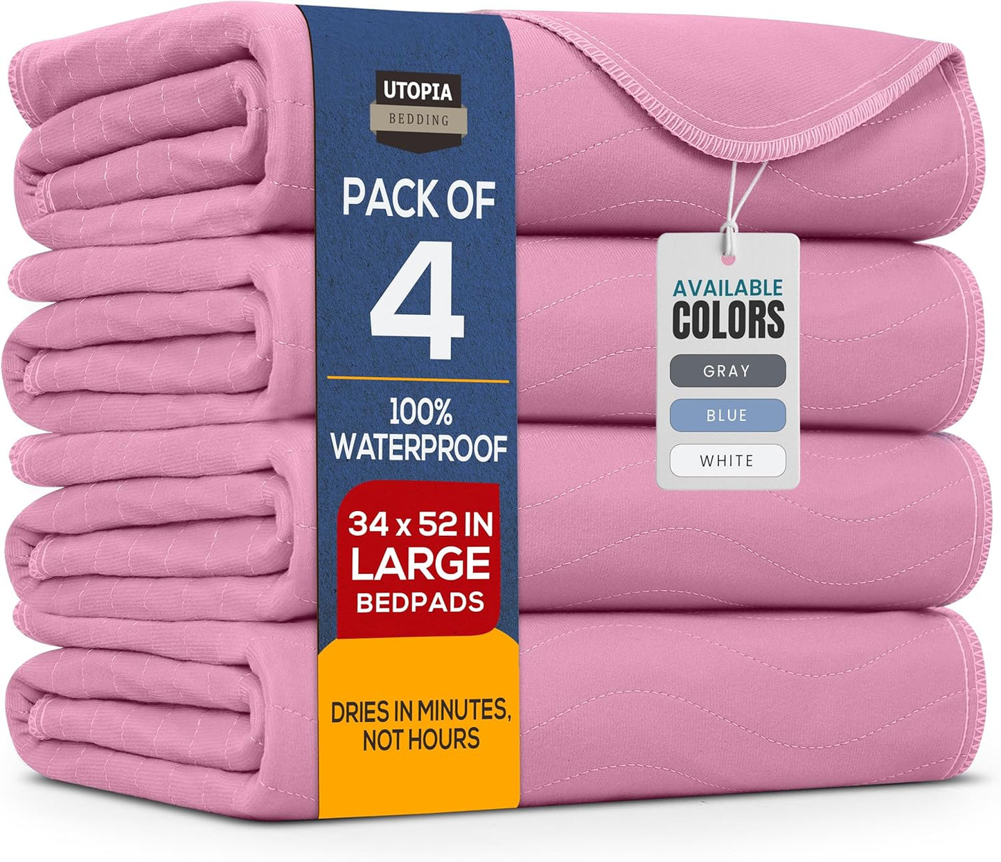 Washable Underpads 34" x 52" (Pack of 4), Waterproof Reusable Heavy Absorbency Incontinence Bed Pads for Adults, Kids, Elderly and Pets, Bedwetting Pads for Sofa and Couch (Pink)