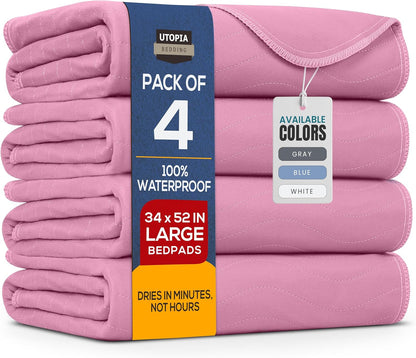 Washable Underpads 34" x 52" (Pack of 4), Waterproof Reusable Heavy Absorbency Incontinence Bed Pads for Adults, Kids, Elderly and Pets, Bedwetting Pads for Sofa and Couch (Pink)