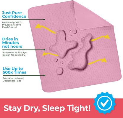 Washable Underpads 34" x 52" (Pack of 4), Waterproof Reusable Heavy Absorbency Incontinence Bed Pads for Adults, Kids, Elderly and Pets, Bedwetting Pads for Sofa and Couch (Pink)
