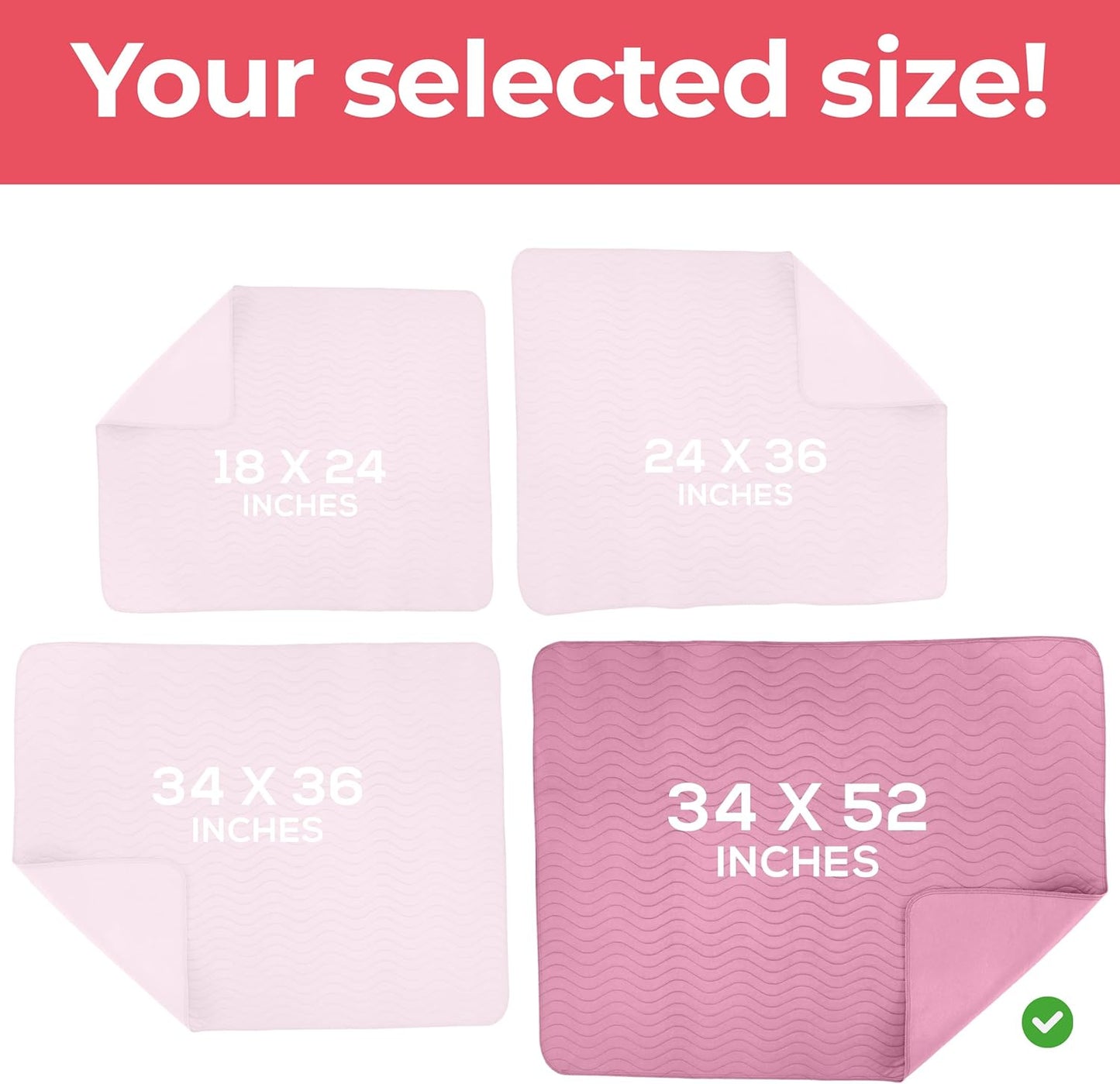 Washable Underpads 34" x 52" (Pack of 4), Waterproof Reusable Heavy Absorbency Incontinence Bed Pads for Adults, Kids, Elderly and Pets, Bedwetting Pads for Sofa and Couch (Pink)