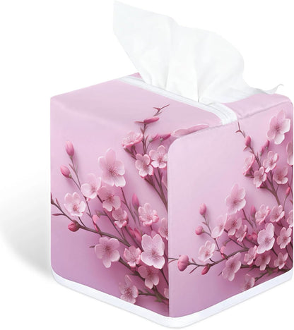 Flower Tissue Box Cover, Pink Purple Peach Blossom Square Fabric Tissue Box Holder, Reusable Toilet Paper Dispenser for Bathroom Home Car Nightstand Storage Organizer 5" x 5" x 5.5"