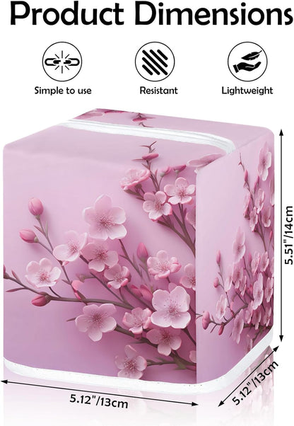 Flower Tissue Box Cover, Pink Purple Peach Blossom Square Fabric Tissue Box Holder, Reusable Toilet Paper Dispenser for Bathroom Home Car Nightstand Storage Organizer 5" x 5" x 5.5"