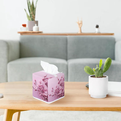 Flower Tissue Box Cover, Pink Purple Peach Blossom Square Fabric Tissue Box Holder, Reusable Toilet Paper Dispenser for Bathroom Home Car Nightstand Storage Organizer 5" x 5" x 5.5"