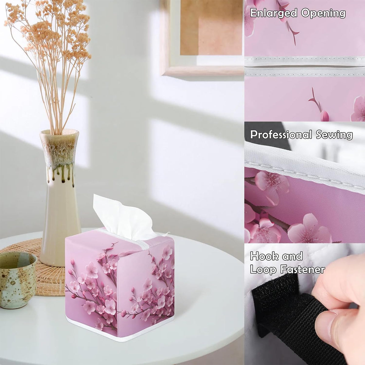 Flower Tissue Box Cover, Pink Purple Peach Blossom Square Fabric Tissue Box Holder, Reusable Toilet Paper Dispenser for Bathroom Home Car Nightstand Storage Organizer 5" x 5" x 5.5"