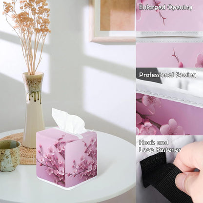 Flower Tissue Box Cover, Pink Purple Peach Blossom Square Fabric Tissue Box Holder, Reusable Toilet Paper Dispenser for Bathroom Home Car Nightstand Storage Organizer 5" x 5" x 5.5"